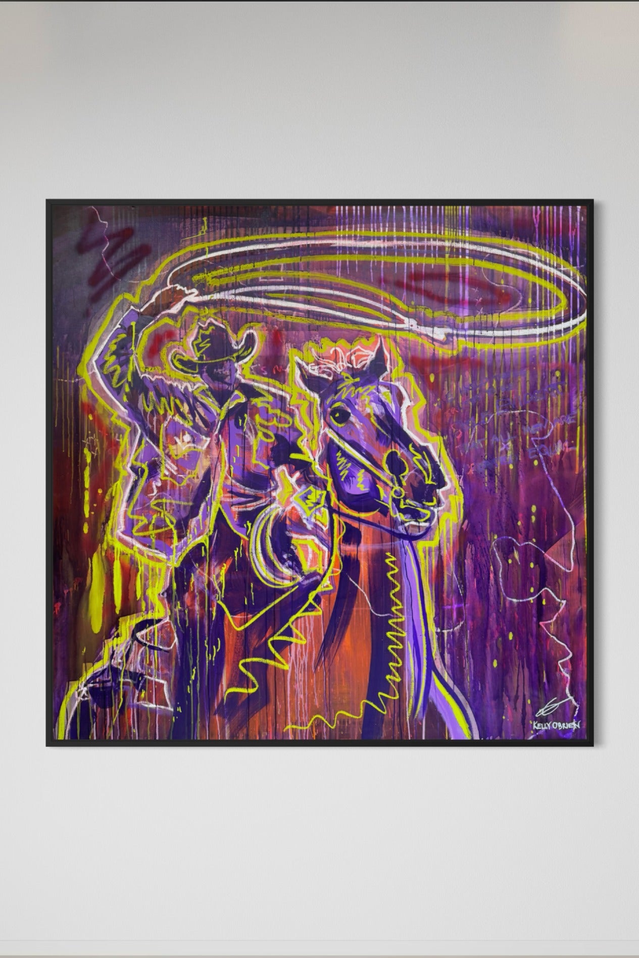 Neon Lasso, acrylic and oil stick on canvas, 72 x 72 inches, by Kelly O'Brien